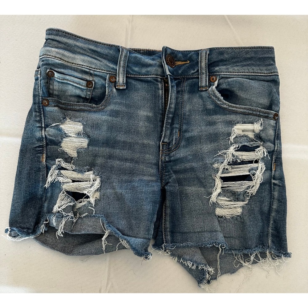 American Eagle Ne(x)t Level Stretch Distressed Denim Shorts Blue‎ Womens Size 2